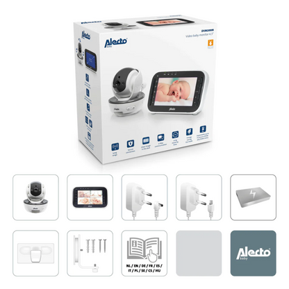 Hier zie je de complete set van de Alecto DVM200M (Wit/Antraciet) met doos en inclusief alle accessoires.